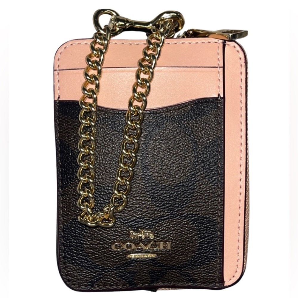 COACH Zip Card Case In Colorblock Signature Canvas - Mahogany/Shell Pink